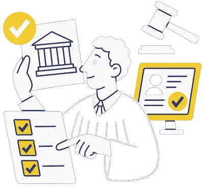 cartoon man in judge robe with technology and law related items around him